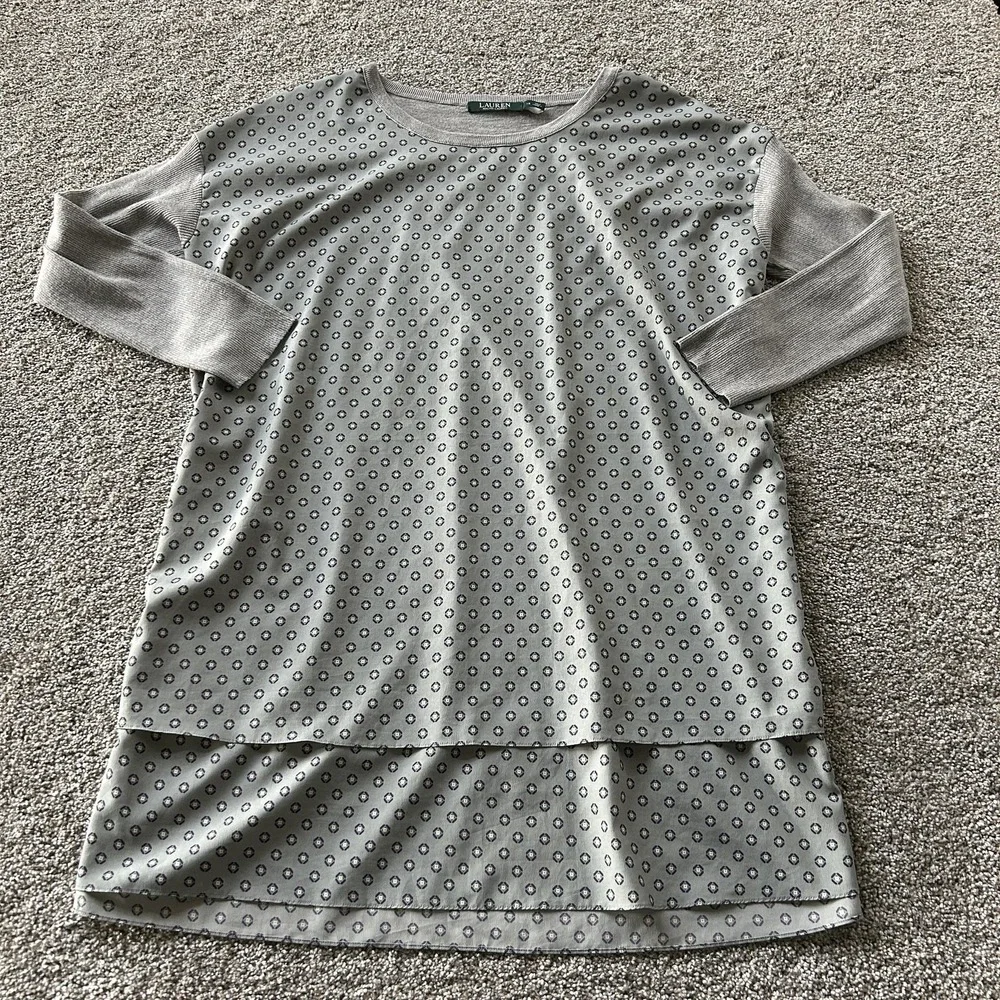Lauren Ralph Lauren Blouse Womens 1X Gray Geometric 3/4 Sleeve Tunic Knit Top